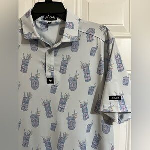 Bad Birdie Polo Shirt Men’s M Ice Blue Short Sleeve Tiki Mug Print Hawaiian Golf